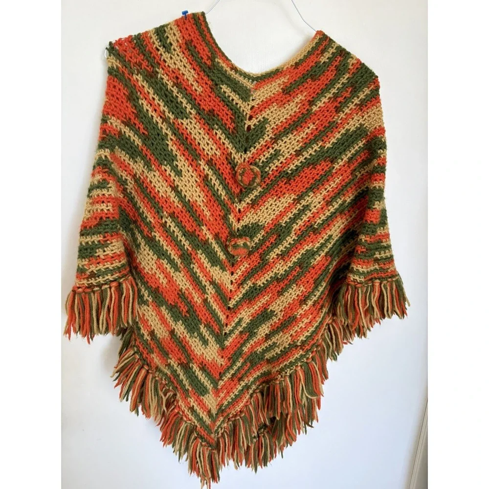 Vintage Crochet Granny Poncho Multicolor Fringe Boho Handmade Cape Wrap rainbow